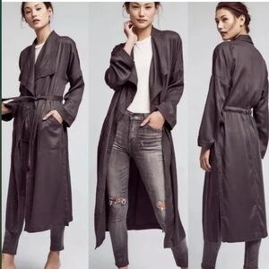 Hei Hei Trench Lightweight Coat M Gray Long Duster Lyocell Open Front Belted